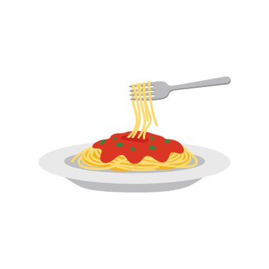 Beyaz tabak üzerinde kırmızı domates sosu ve yeşil bitkiler olan sarı spagetti eriştesi taşırken gri çatal biraz erişteyi yukarı kaldırır..