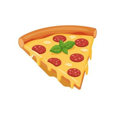 Tek bir üçgen pepperonili pizza diliminde yapışkan erimiş peynir, yuvarlak pepperoni dilimleri ve altın kabuklu taze yeşil fesleğen yaprakları bulunur..