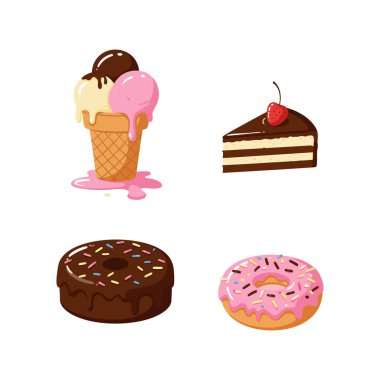Üç kepçeli eritme dondurma külahı, kirazlı bir çikolatalı pasta dilimi ve iki tane çikolatalı ve pembe kremalı donut parlak düz stil gösteriliyor..
