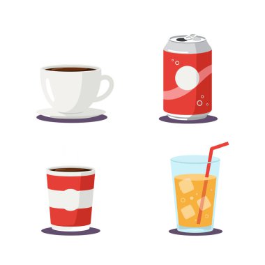 Beyaz kahve fincanı, kırmızı soda kutusu, kırmızı tek kullanımlık bardak ve samanla buzlu içecek, gölgelerin altında düz bir şekilde sergilenir..