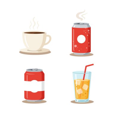 Bir fincan tabağında dumanı tüten beyaz bir kahve fincanı buharlı iki kırmızı soda kutusu ve minimumda kırmızı pipetli bir bardak buzlu içecek..