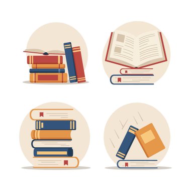 Çeşitli ciltli kitap yığınları kitap ayracı ve açık bir kitap, bilgi ve çalışma temaları çağrıştıran temiz bir düz stil sunulur.