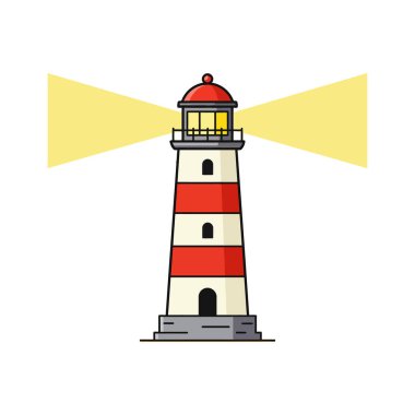 Kırmızı ve beyaz yatay çizgileri olan uzun bir deniz feneri, tepesinden parlak sarı kirişler yayar ve gri bir temel taşın üzerinde sıkıca durur..