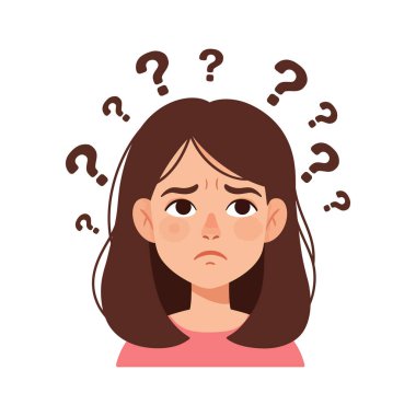 Kahverengi saçlı bir kız şaşkın görünüyor, soru işaretleriyle çevrili, minimalist bir şekilde kafa karışıklığı ve belirsizlik hissi veriyor..