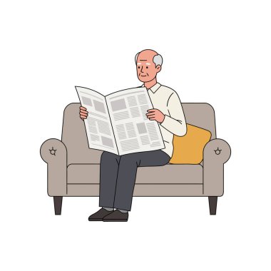 Açık tişörtlü yaşlı bir adam, rahat bir bej koltukta gazete okurken gülümsüyor, sakin ve rahat bir atmosfer yaratıyor..