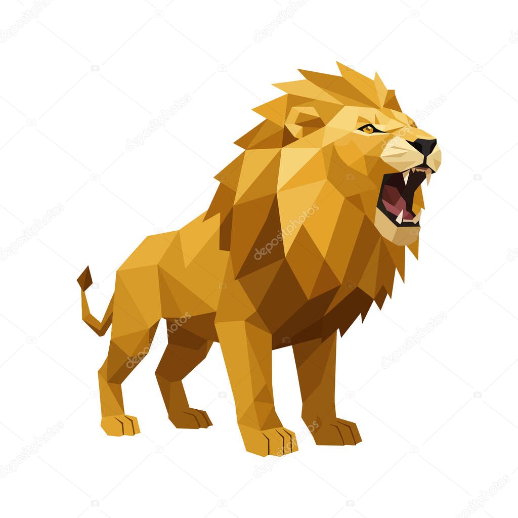 A majestic lion with a large angular mane roars powerfully while standing firm, showcasing strength and dominance in a geometric flat vector style.