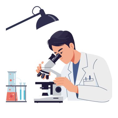 Laboratuvar önlüğü giymiş odaklanmış bir bilim adamı, renkli test tüpleriyle çevrili örnekleri mikroskop altında analiz ederek profesyonel bir atmosfer yaratıyor..