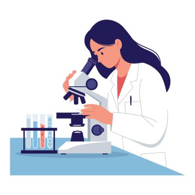 Laboratuvar önlüğü giymiş odaklanmış bir kadın bilim adamı mikroskopla bakar. Etrafı renkli sıvılarla dolu test tüpleriyle çevrilidir..