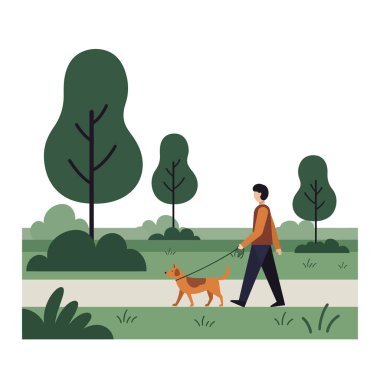 Turuncu kazaklı bir adam yeşil ağaçlarla çevrili bir yolda kahverengi köpeğini yürütür ve sakin bir atmosfer yaratır..