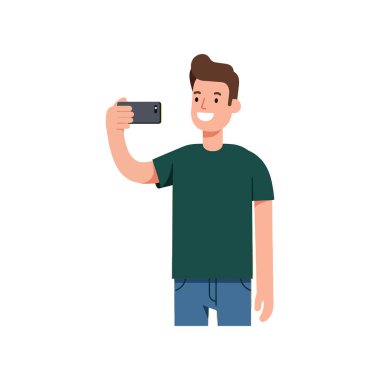 Neşeli genç bir adam yeşil tişört ve mavi kot pantolon giyip bir selfie çekerken gülümsüyor, davetkar ve dostane bir atmosfer yayıyor..