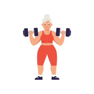 Kararlı, gri saçlı yaşlı bir kadın kırmızı spor kıyafeti giyerken halterlerini kaldırıyor, dayanıklılık ve zindelik gösteriyor..