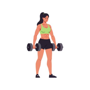 Yeşil bluzlu ve siyah şortlu kaslı bir kadın halterleri kaldırıyor, spor salonunda güç ve kararlılık gösteriyor..