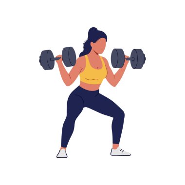Koyu renk saçlı kararlı bir kadın dambılları kaldırırken çömelir, güç gösterisi yapar ve spor salonuna odaklanır..