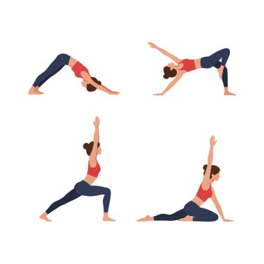 Bir kadın, fiziksel gücü ve esnekliği üzerine odaklanarak denge ve sükunetini ifade ederek çeşitli yoga pozları veriyor..
