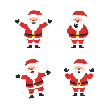 Dört Noel Baba figürü değişik pozlarda neşe ve neşe ifade ederek, canlı bir tatil ortamı yaratıyor..