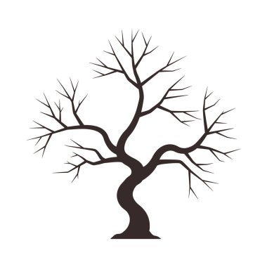Bükülmüş gövdesi ve çok ince dalları olan, simsiyah bir siluetle tasvir edilmiş, yalın ve minimalist bir ruh hali taşıyan çıplak bir ağaç..