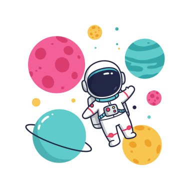 Bir astronot sevinçle uzayda süzülür, pembe, mavi ve sarı tonlarında canlı, çizgi film gibi gezegenlerle çevrilidir..