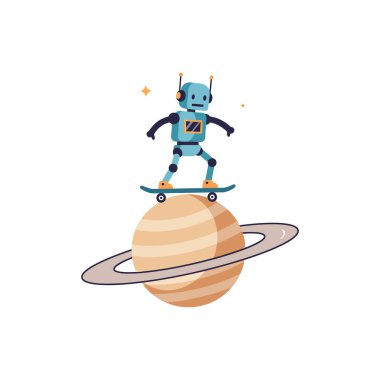 Neşeli bir robot, çizgili bir gezegenin tepesinde kaykayla dengede duruyor. Garip ve maceracı bir hava yayıyor..
