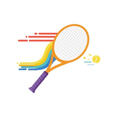 Hareketli bir tenis raketi, hareket çizgileriyle vurgulanır, hız ve enerji iletir, sporun heyecanını somutlaştırır..