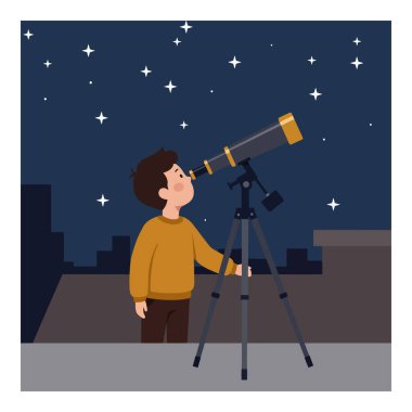 Sarı süveter giyen genç bir çocuk yıldızları teleskopla gözlemler. Parlayan yıldızlarla dolu karanlık bir gece gökyüzü ile çevrilidir..