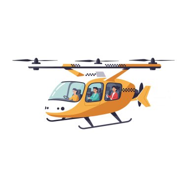 Canlı bir helikopter taksisi gökyüzünde süzülen yolcularla modern şehir yaşamını ve macera duygusunu gözler önüne seriyor..