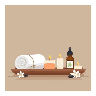 Huzurlu bir spa ortamında sarılan bir havlu, yanan mumlar, gerekli yağ şişesi ve narin çiçekler, sakinleştirici bir atmosfer yaratırlar..