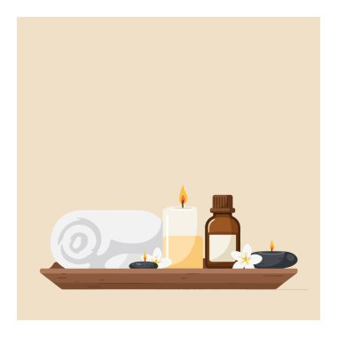 Sarılmış havlu, mum ve gerekli yağlardan oluşan sakin bir spa düzenlemesi, rahatlatıcı bir atmosfer yaratıyor..