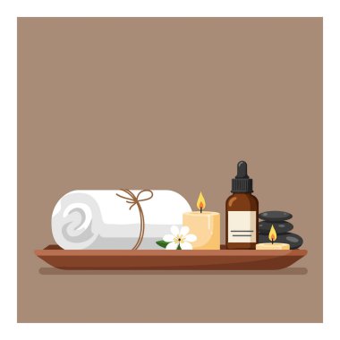 İçinde rulo havlu, yanan bir mum, gerekli yağ ve ahşap tepside dizilmiş pürüzsüz taşlar bulunan spa malzemeleri koleksiyonu..