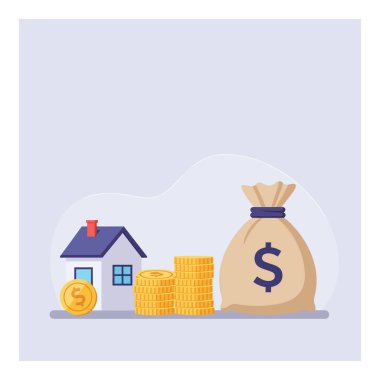 Küçük bir ev, yığınla bozuk para ve içinde bir dolar işareti olan bir para çantası. Minimalist tarzda finansal güvenlik resmedilmiş..