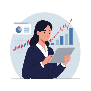 Takım elbiseli bir kadın, grafikler ve çizelgeler ile çevrili bir tabletle meşgul oluyor, odak ve profesyonelliği aktarıyor..