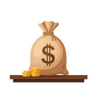 Dolu bir para çantası ve bir dolar işareti parlayan altın sikkelerin yanında, ahşap bir masanın üzerinde duruyor ve zengin bir atmosfer yaratıyor..