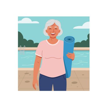 Gülümseyen son sınıf öğrencisi bir kadın elinde mavi bir yoga minderiyle havuz kenarında duruyor, pozitiflik ve egzersize hazır..