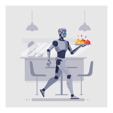 Şık bir robot, çağdaş bir yemek ortamında canlı yemekler sunar. Neşeli bir atmosferde yenilik ve verimlilik sunar..