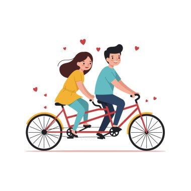 Bir adam ve bir kadın mutlu bir şekilde bisikletle pedal çeviriyor, neşe ve sevgi saçan neşeli, kalp dolu bir sahnede.
