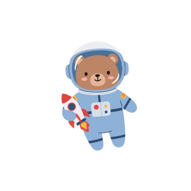 Astronot kıyafeti giymiş neşeli bir ayı elinde küçük bir roketle gülümsüyor, neşeli ve maceraperest bir ruhu somutlaştırıyor..