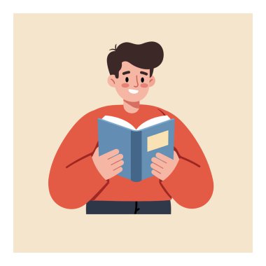 Gülümseyen genç bir adam mavi bir kitap tutuyor, sıcak bir atmosferde neşe ve nişan sergiliyor..