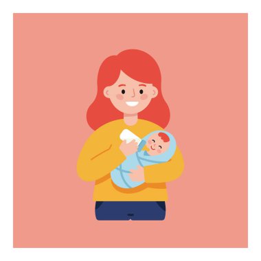 Kızıl saçlı neşeli bir kadın mavi battaniyeli mutlu bir bebeği kucaklar, minimalist düz bir tasarımla sıcaklık ve şefkat saçar..