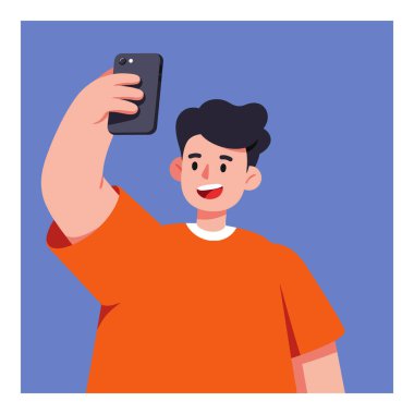 Koyu saçlı neşeli bir genç, parlak mavi arka planlı akıllı telefonunu tutarak, pozitiflik ve neşe saçarak selfie çeker..