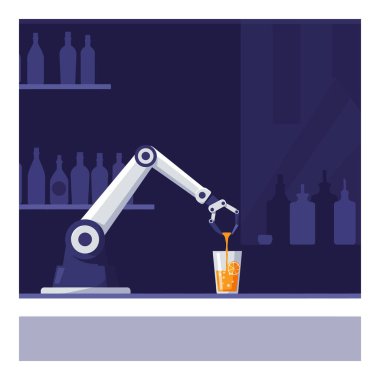 Robotik bir kol modern bir barda bardağa ustalıkla enerji dolu bir içki doldurur, içeceklerde yenilik ve teknoloji sunar..