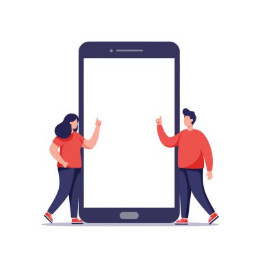 Bir erkek ve kadın, modern dijital ortamda büyük bir akıllı telefonu işaret ediyor..