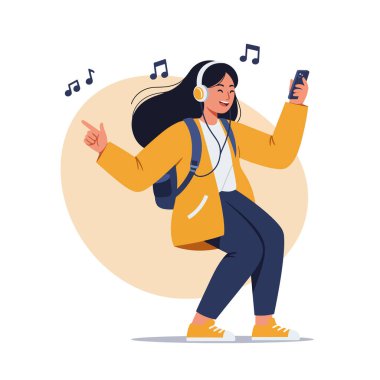 Kulaklık takan ve sırt çantası takan neşeli genç bir kadın elinde akıllı bir telefonla enerjik bir şekilde dans ediyor, mutluluk ve ritim yayıyor..