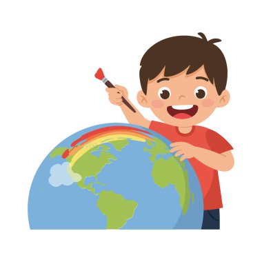 Neşeli bir çocuk elinde bir boya fırçası tutuyor, dünyaya canlı bir gökkuşağı ekliyor, düz tasarımda yaratıcılığı ve hayal gücünü simgeliyor..
