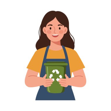 Uzun siyah saçlı neşeli bir kadın yeşil bir geri dönüşüm kutusunu tutuyor, çevreci dostluğu ve sürdürülebilirliği minimalist bir tasarımla destekliyor..