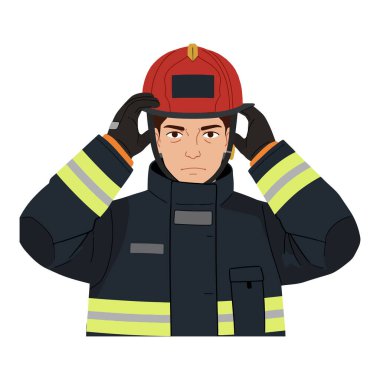 Bir itfaiyeci kırmızı miğferini kararlılıkla ayarlar, koyu renk bir üniforma giyer, yansıtıcı çizgiler giyer, harekete hazırdır..