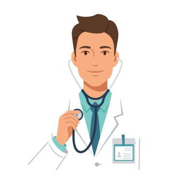 Erkek bir doktor elinde steteskop, beyaz önlük ve isim kartı takmış, profesyonellik ve özen göstererek gülümsüyor..