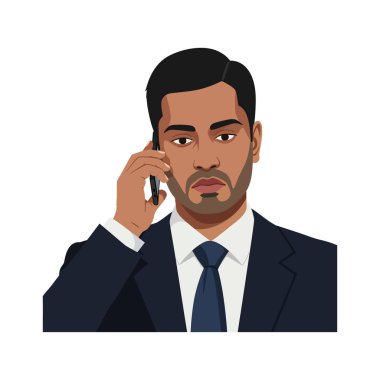 Koyu takım elbiseli, ciddi görünümlü bir adam kulağına akıllı telefon dayar. Odaklanma ve profesyonelliği minimalist bir şekilde aktarır..