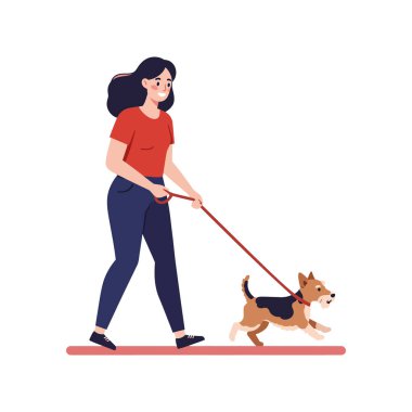 Kırmızı gömlekli neşeli bir kadın tasmalı küçük bir köpeği gezdirir, neşeli ve neşeli bir atmosfer sunar..
