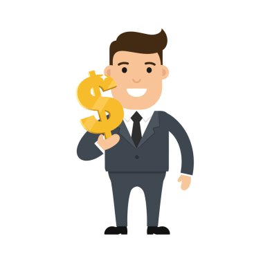 Takım elbiseli gülümseyen bir işadamı gururla büyük bir altın dolar işareti tutar. Minimalist bir şekilde güven ve başarı yayar..