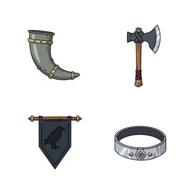 Viking boynuz teknesi, savaş baltası, kuzgun sancağını ve metal halkayı basit bir şekilde gösteren vektör illüstrasyonu, tarihi ve savaşçı temalarını çağrıştırıyor..