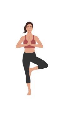 Kadın dua pozisyonunda elleri ile ağaçta duruyor, spor yaparken denge ve sakinliğe odaklanıyor. Huzurlu ruh hali.